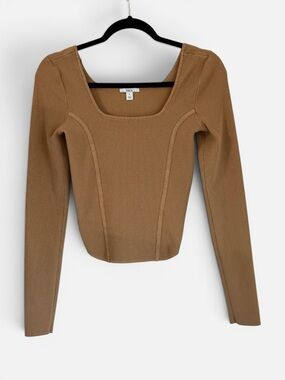 Bar III Camel Knit Square Neck Long Sleeve Top
